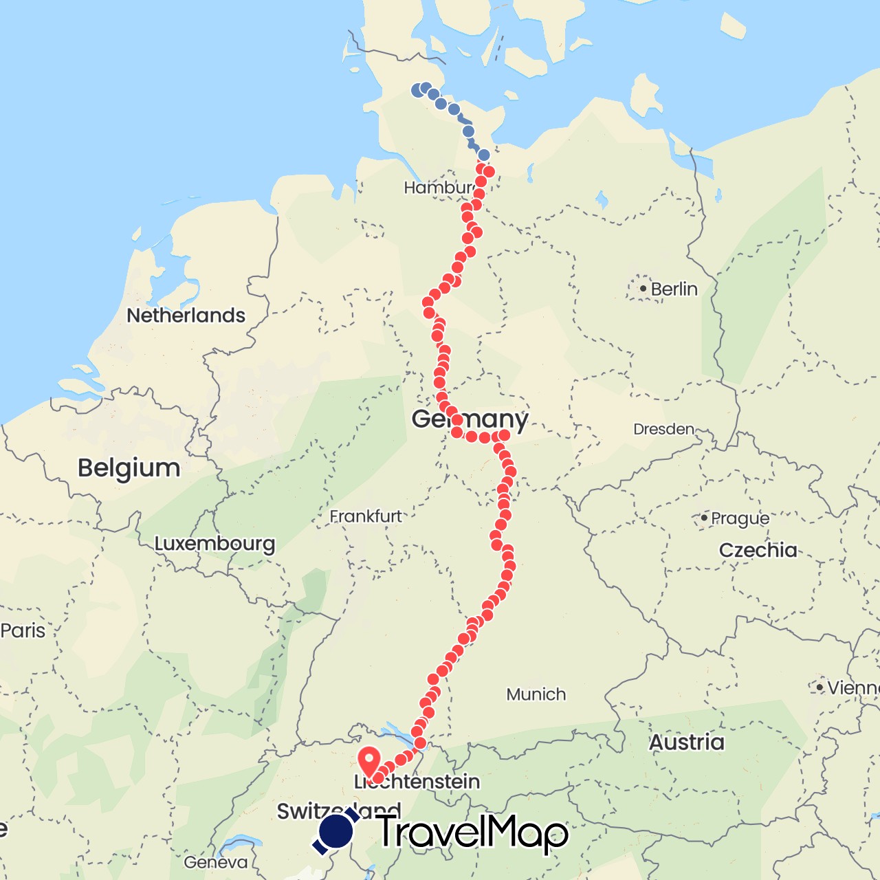 TravelMap itinerary: cycling, hiking in Germany (Europe)