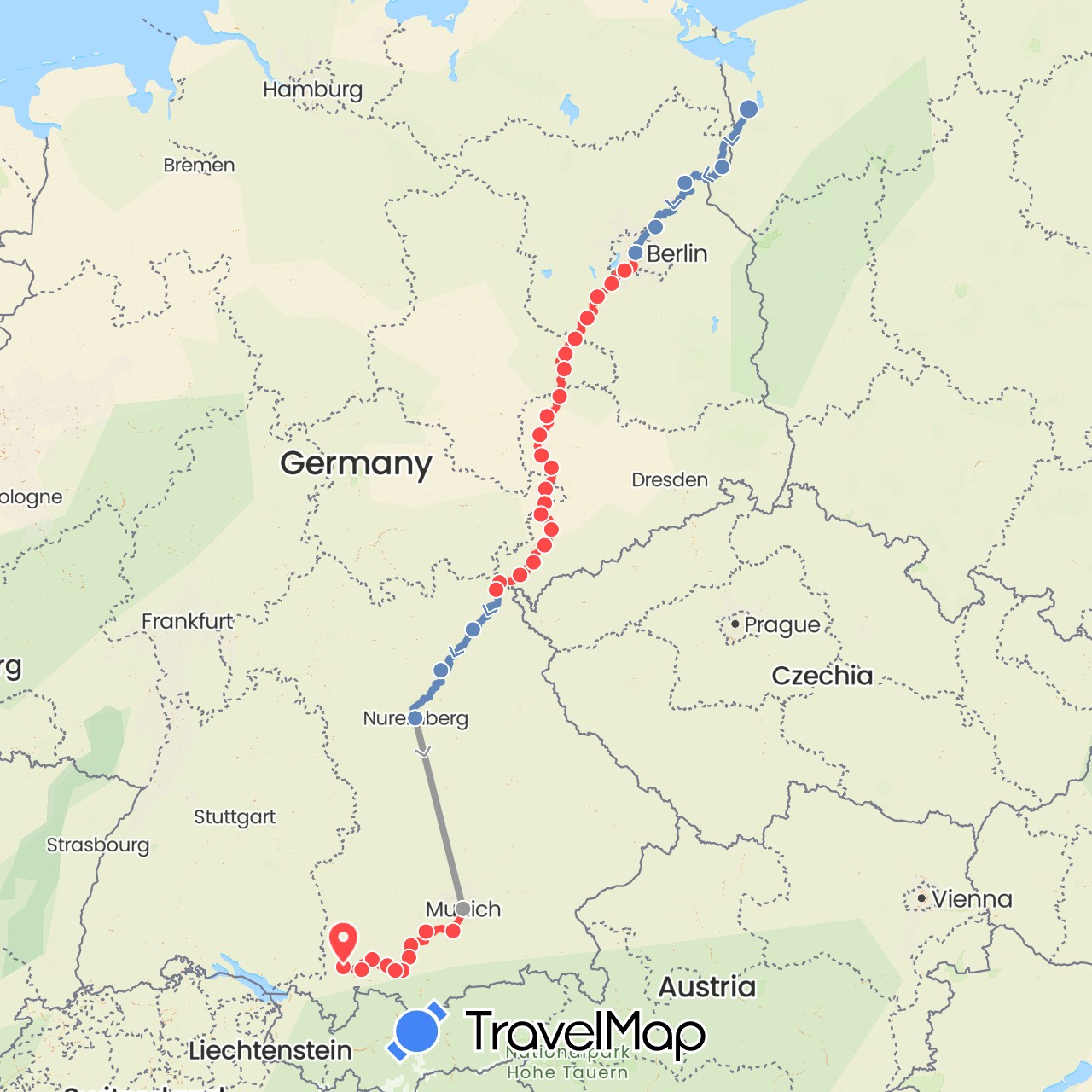 TravelMap itinerary: plane, cycling, hiking in Germany, Poland (Europe)